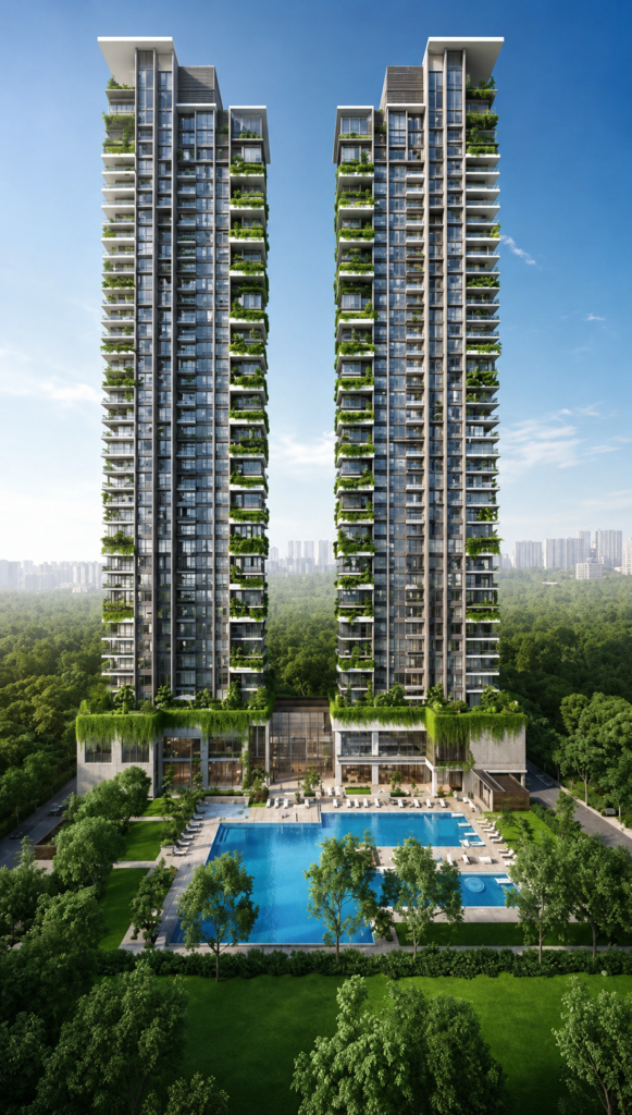 Luxury vertical garden towers at BPTP Skynest Sector 80 Faridabad with premium residences, infinity pool, landscaped gardens, and modern high-rise architecture.